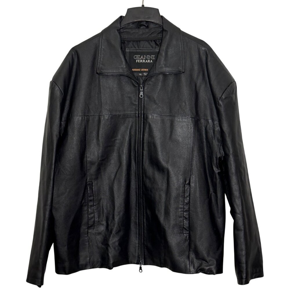 Gianni Ferrara Black Genuine Leather Jacket Mens XXL Quilted Lining Zip Front